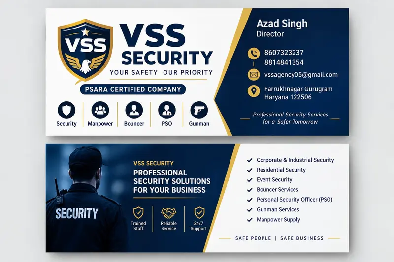 VSS Security business card for Azad Singh, Director: 8607323237, 8814841354, vssagency05@gmail.com, Farrukhnagar, Gurugram, Haryana. Services: corporate and industrial, residential and event security, bouncers, PSO, gunman and manpower supply.