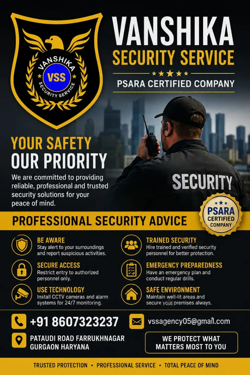 Vanshika Security Service flyer, 'Your Safety, Our Priority': security tips on staying aware, securing access, using CCTV and alarms, trained security, emergency preparedness and a safe environment. Contact +91 8607323237, vssagency05@gmail.com, Pataudi Road, Farrukhnagar, Gurgaon, Haryana.