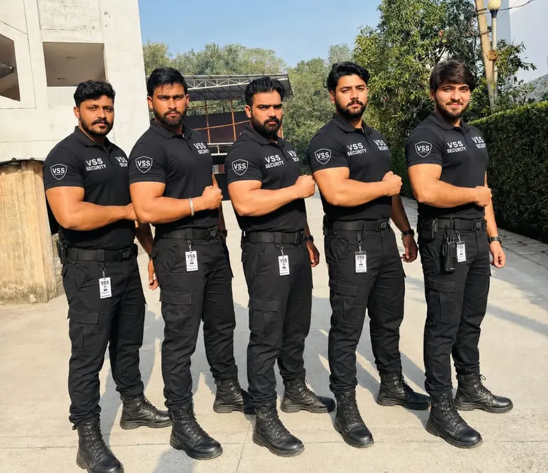 Five VSS security personnel in black uniforms