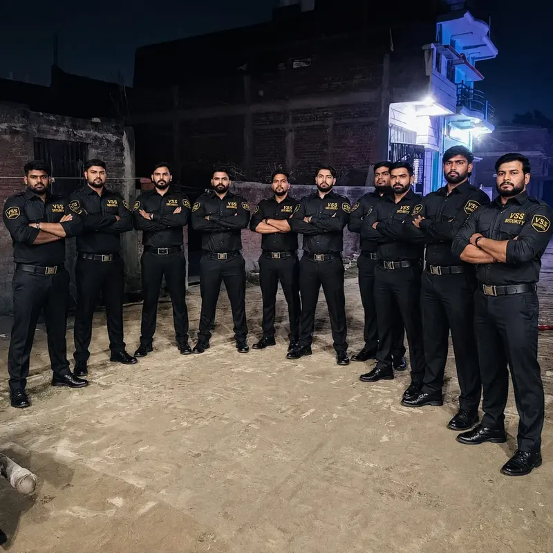 VSS security guards in black uniforms lined up at a site at night